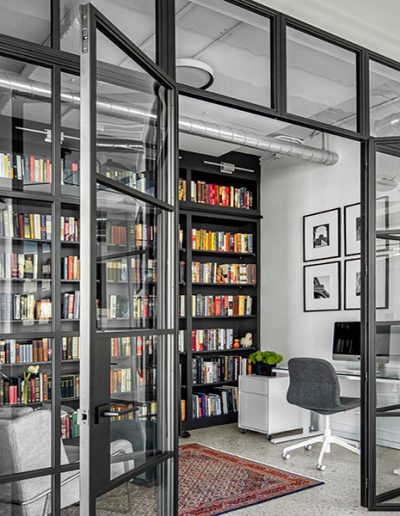 black steel internal French doors with screen wine storage UK manufacturer London