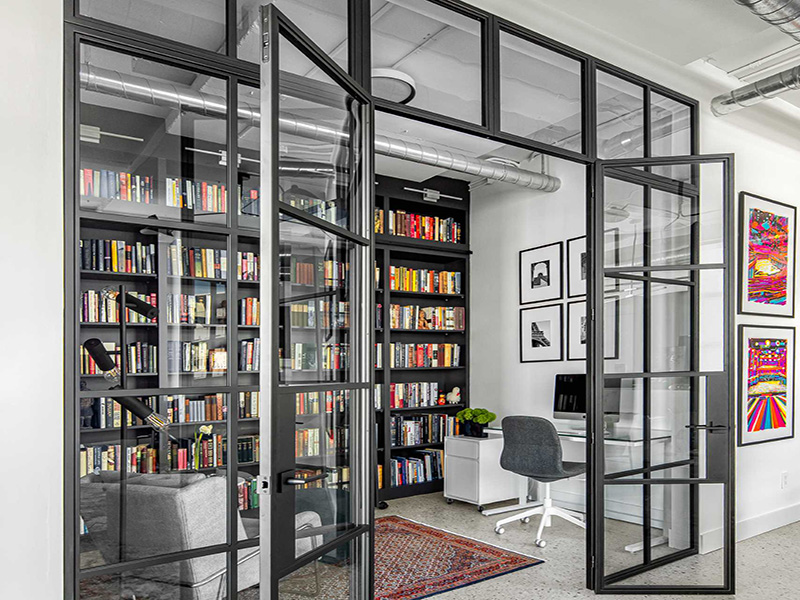 black-steel-internal-french-doors-UK-office-library-manufacturer black steel internal French doors with screen wine storage UK manufacturer London