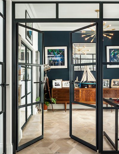 black steel internal French doors with screen wine storage UK manufacturer London