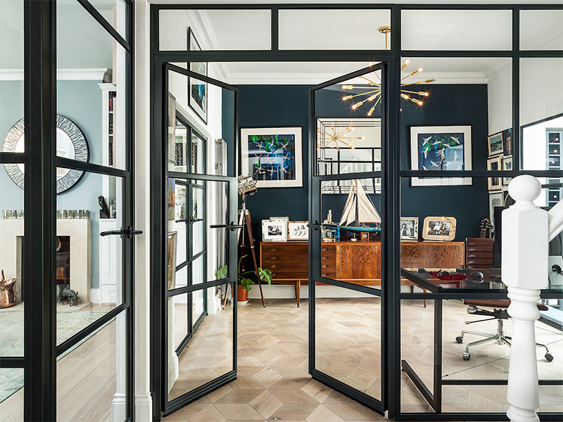 black-steel-internal-french-doors-UK-office-manufacturer black steel internal French doors with screen wine storage UK manufacturer London