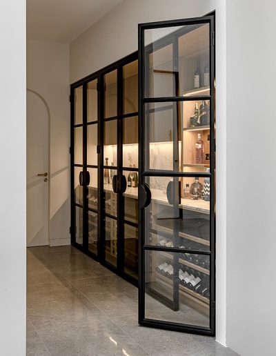 black steel internal French doors with screen wine storage UK manufacturer London